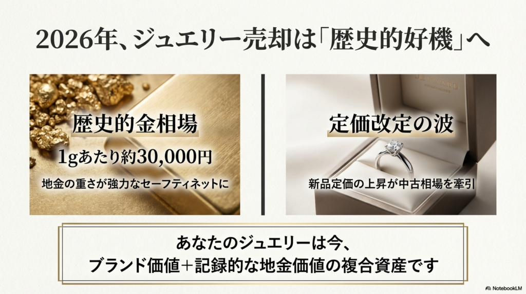 金相場が1gあたり約30,000円に達し、地金の重さが強力なセーフティネットになっていることを示す解説スライド 。