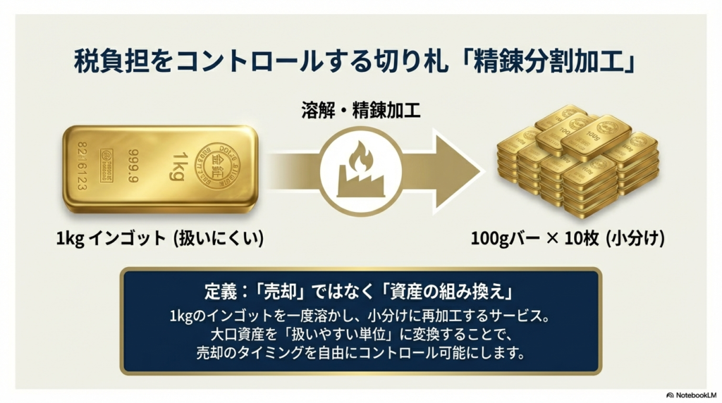 1kgインゴットを一度溶かして100gのバー10枚に再加工し、扱いやすい単位に変換する「資産の組み換え」サービスの説明。