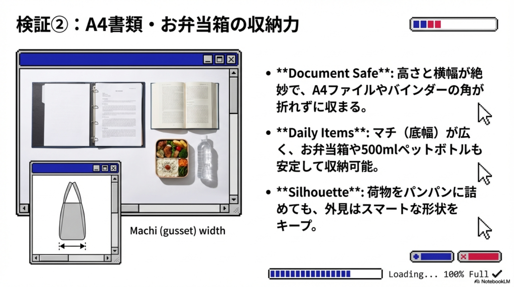 A4バインダー、本、お弁当箱、500mlペットボトルがバッグの底幅（マチ）に合わせて並べられている比較画像。書類の角が折れず、荷物を詰めてもスマートな形状を維持できることが説明されている。