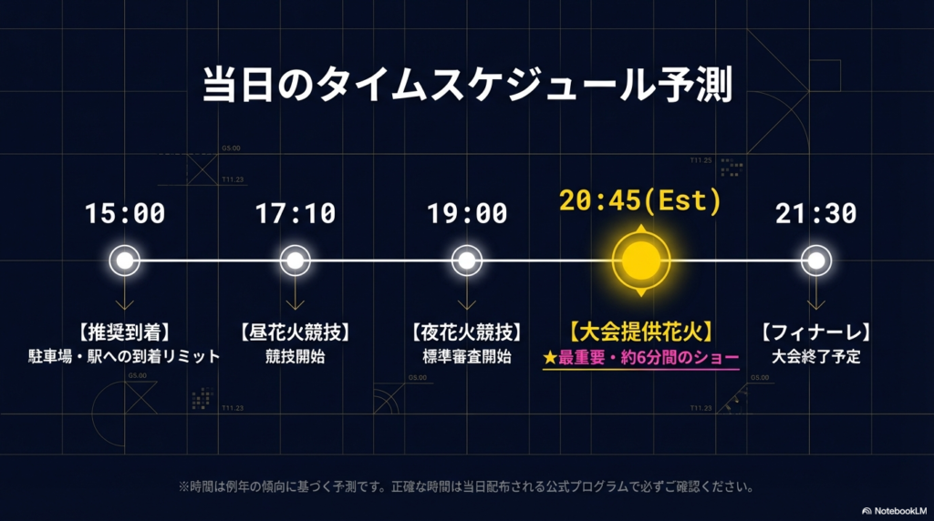15:00の推奨到着時間から、17:10の昼花火、19:00の夜花火、そして20:45の大会提供花火までをまとめた予測タイムスケジュール 。