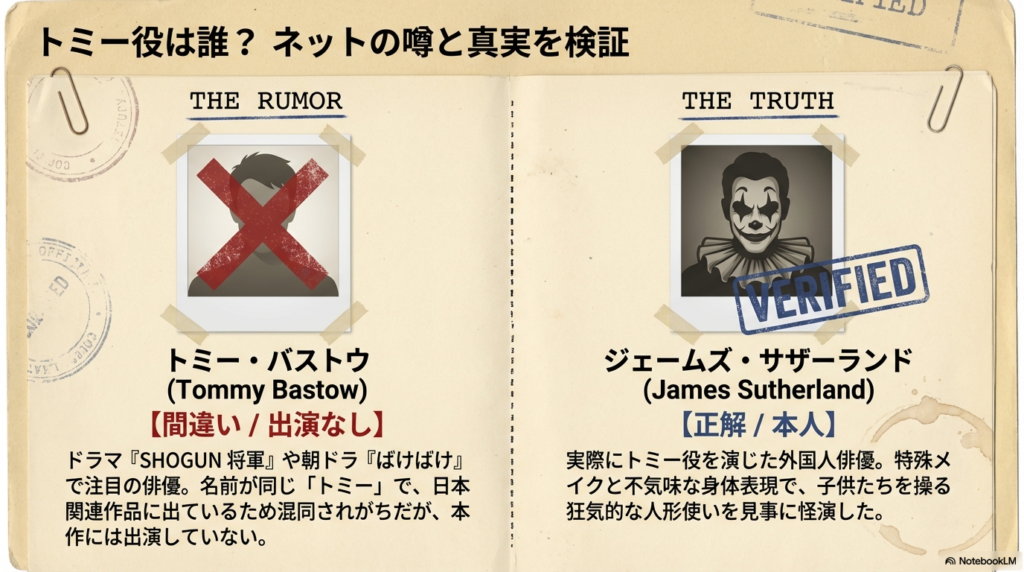 実際にトミーを演じたジェームズ・サザーランドと、名前が似ていて誤解されやすいトミー・バストウの比較検証資料。