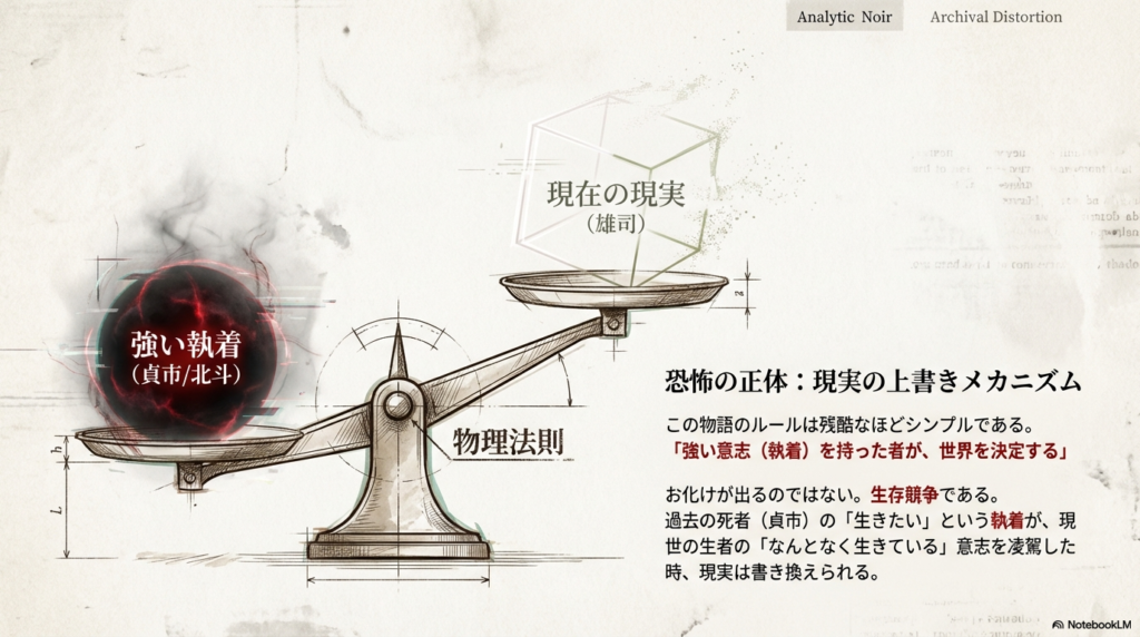 「強い意志（執着）を持った者が、世界を決定する」という物語の残酷なルールと、生存競争としての側面を説明する概念図スライド。