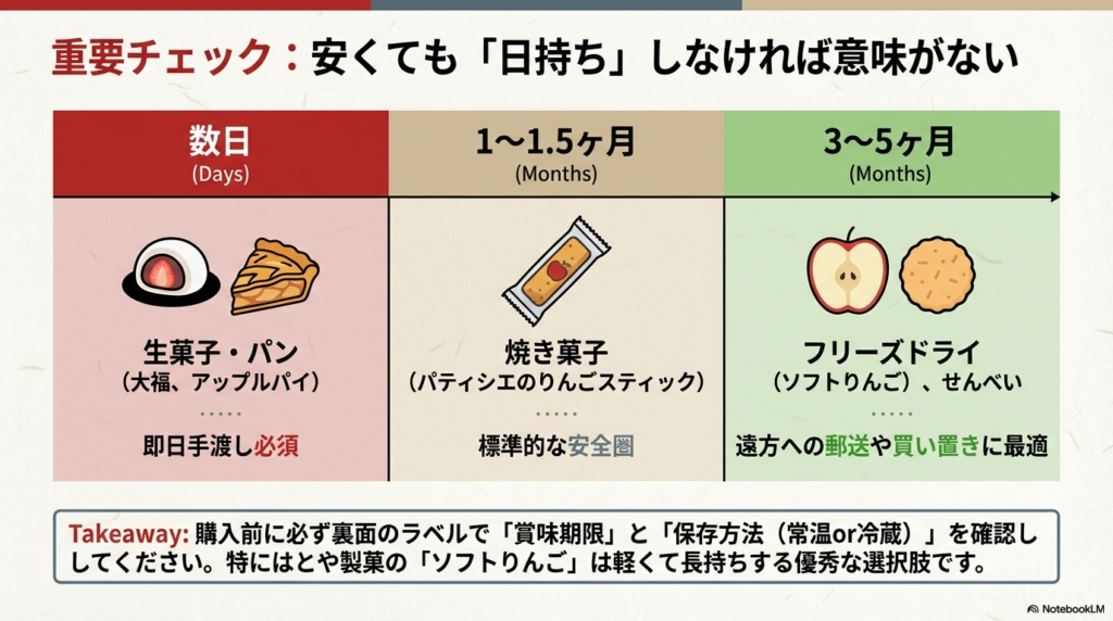 生菓子(数日)、焼き菓子(1〜1.5ヶ月)、せんべい(3〜5ヶ月)など、ジャンル別の日持ち目安をまとめた表。