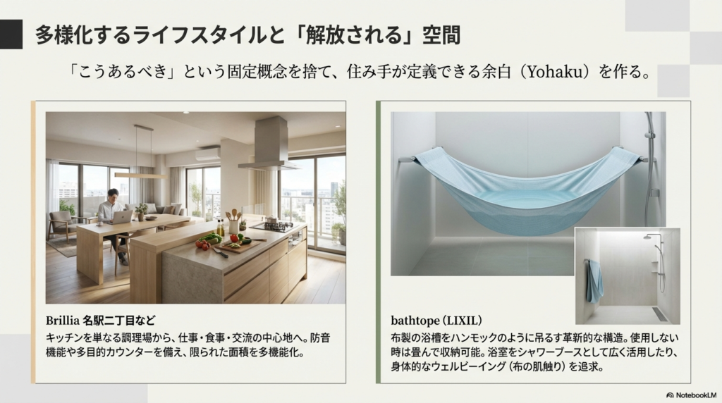 調理・食事・ワークスペースが一体となった多目的カウンターを備える「Brillia 名駅二丁目」の室内写真。