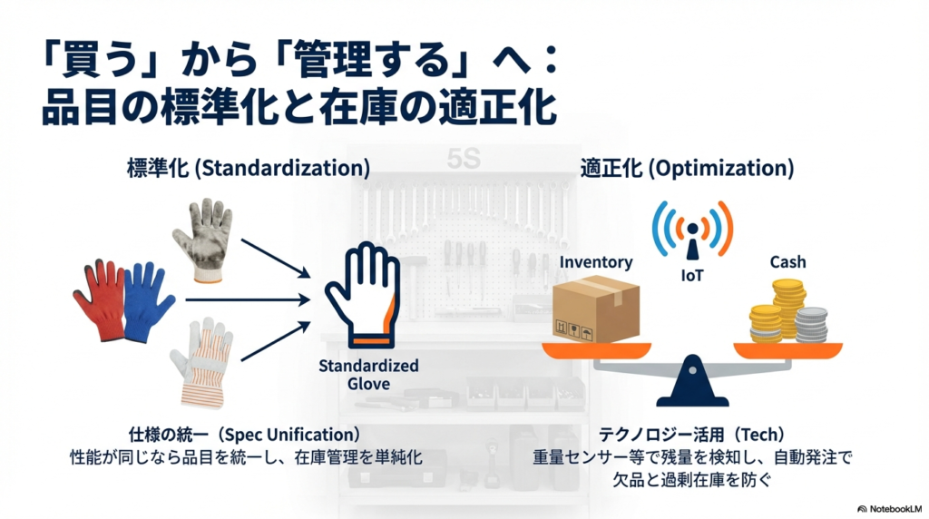 仕様の統一（スペック・ユニフィケーション）による管理の単純化と、IoT重量センサー等を用いた自動発注による欠品・過剰在庫防止の仕組み。