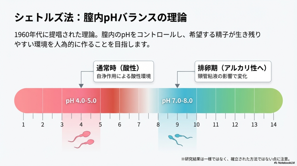 pH1から14のスケール画像。通常時の酸性環境（pH4.0-5.0）と、排卵期のアルカリ性に傾く環境（pH7.0-8.0）の違いを説明している。