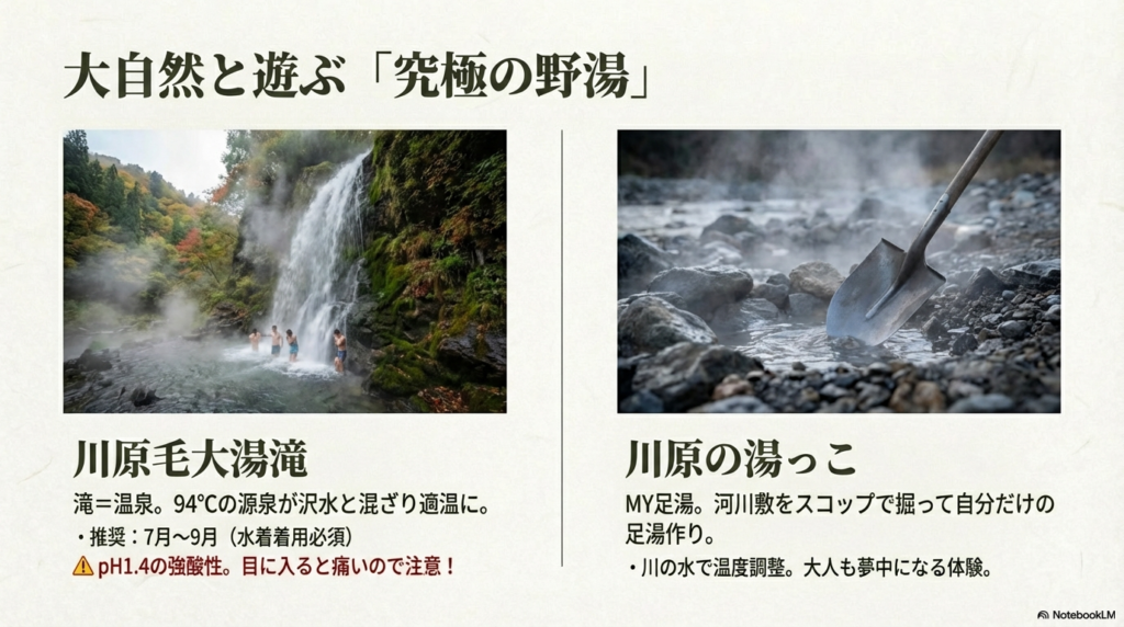 滝そのものが温泉である川原毛大湯滝（水着着用推奨）と、河川敷を掘って作る「川原の湯っこ」の体験写真と注意点 。