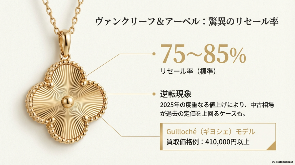 ヴァンクリーフのリセール率が75~85%であることや、ギヨシェモデルの買取例を紹介するスライド 。