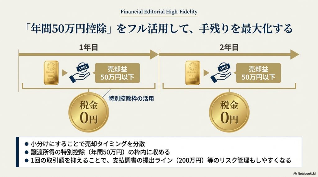 1年目、2年目と小分けにしたバーを売却し、毎年の利益を50万円の特別控除枠内に収めることで、税金を0円にするスキームの図解。