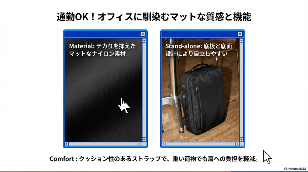 黒いマットなナイロン素材のアップと、床に自立しているバックパックの写真。肩への負担を軽減するクッションストラップについても触れられている。