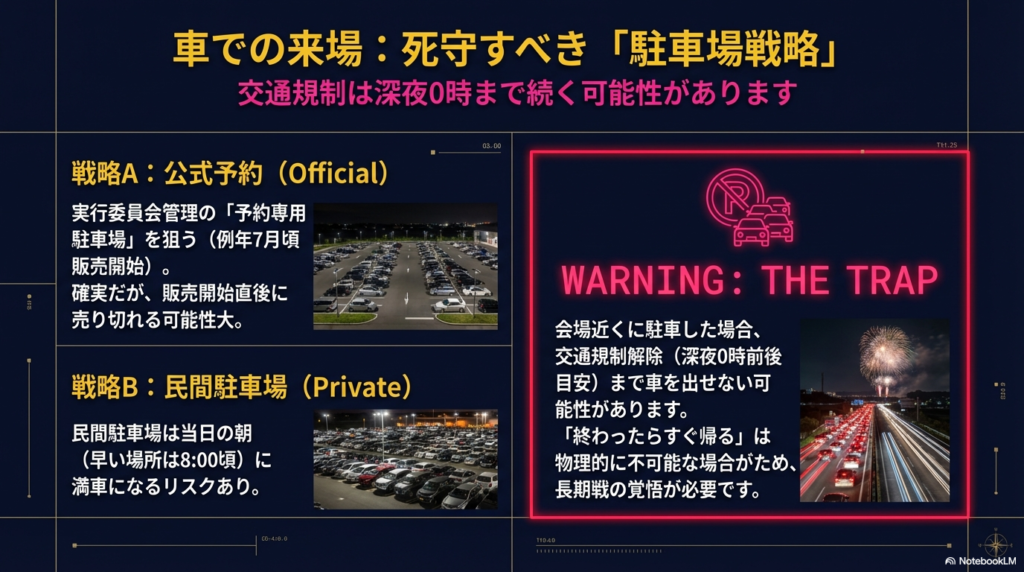 駐車場の公式予約と民間駐車場の特徴、および深夜0時前後まで続く交通規制により物理的に帰宅が困難になる可能性を警告するスライド 。