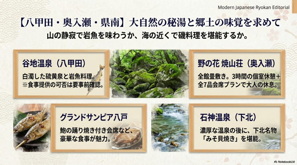 谷地温泉の岩魚の塩焼き、野の花焼山荘の会席、グランドサンピア八戸のアワビ料理、石神温泉のみそ貝焼きを紹介する、苔むした岩や清流の写真付きスライド。