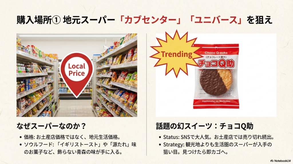 地元スーパー「カブセンター」「ユニバース」の棚と、SNSで人気の「チョコQ助」のイメージ画像。