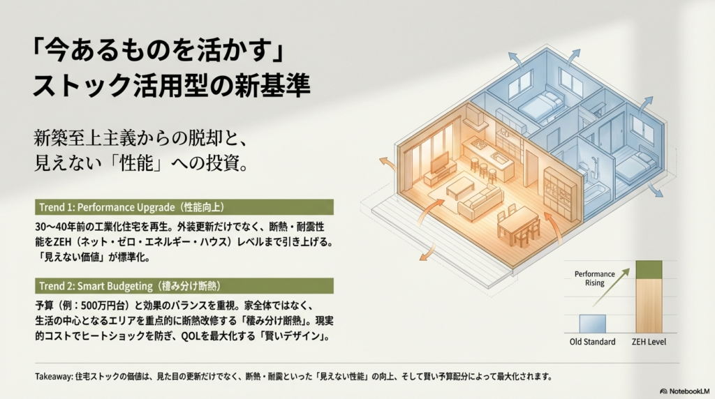 既存住宅の断熱・耐震性能をZEHレベルに引き上げるグラフと、生活の中心エリアを重点的に断熱する「棲み分け断熱」を説明する住戸の間取り図解。
