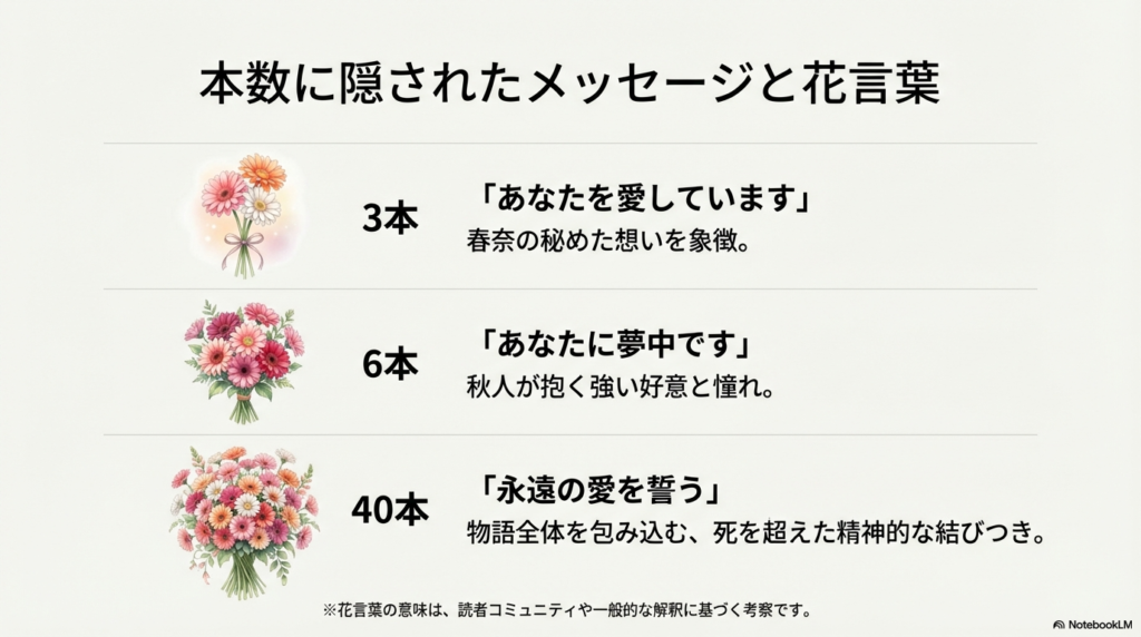 複数のガーベラの花束のイラスト。3本は「愛しています」、6本は「夢中です」、40本は「永遠の愛」を象徴するという、読者コミュニティ等の考察をまとめている。