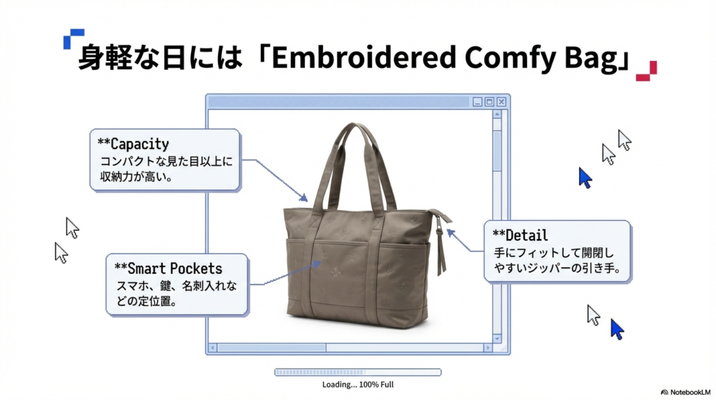 トートバッグ型のComfy Bagの写真。スマートポケットによる小物の定位置管理や、開閉しやすいジッパーの引き手などの詳細が解説されている。