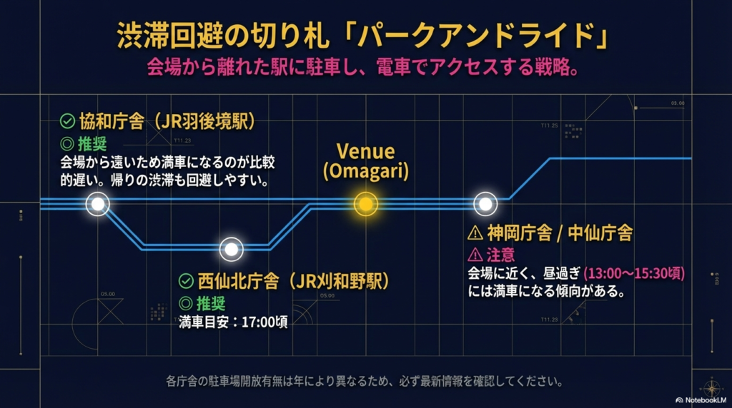 会場から離れたJR羽後境駅（協和庁舎）や刈和野駅（西仙北庁舎）を推奨し、満車目安時間を色分けして示した拠点マップ 。