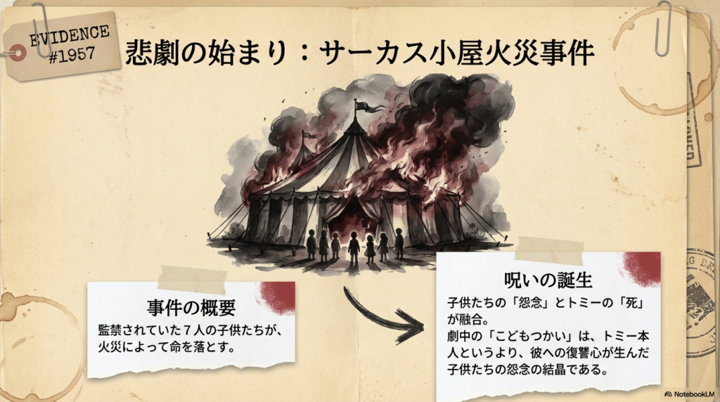 7人の子供たちが火災で亡くなり、トミーへの復讐心から「こどもつかい」の呪いが生まれた経緯の説明。