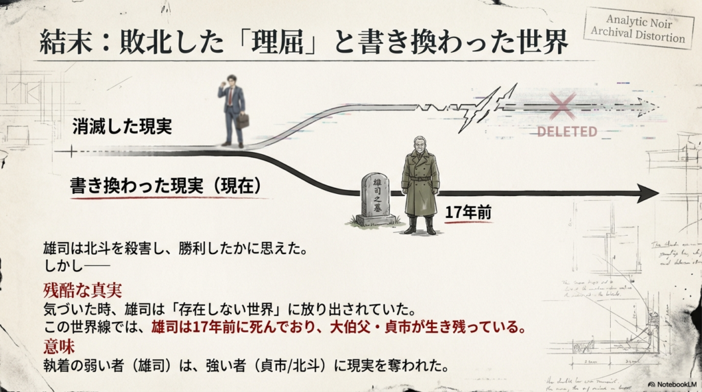 雄司が勝利したかに見えて、実は17年前に死んでいたという「存在しない世界」に放り出された真実と、書き換えられた現実を説明するスライド。