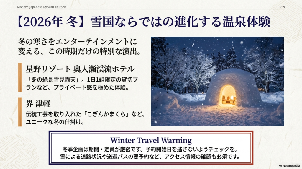 奥入瀬渓流ホテルの雪見露天や、界津軽の「こぎんかまくら」を紹介する、雪の中に浮かび上がる幻想的なかまくらの写真付きスライド。