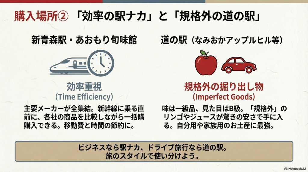 新幹線のアイコン(効率重視)と車のアイコン(規格外品の掘り出し物)で、旅のスタイルに合わせた購入場所の比較。