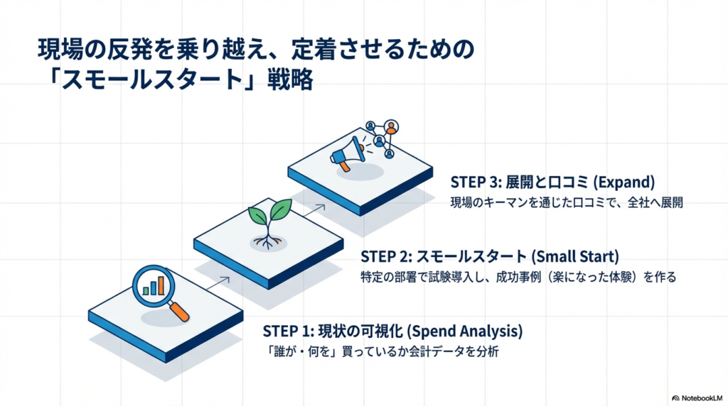 現状分析（可視化）、特定部署での試験導入（スモールスタート）、全社展開（口コミ）の3段階で進める現場定着のプロセス。