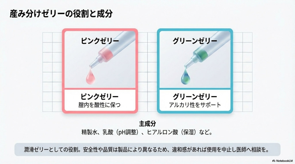 ピンクゼリー（酸性維持）とグリーンゼリー（アルカリ性サポート）の役割と、乳酸やヒアルロン酸などの主成分、使用上の注意をまとめたスライド。