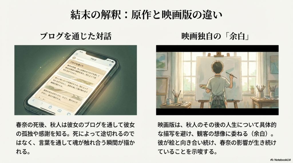 スマートフォンに表示されたブログ画面のイラスト。春奈の死後、秋人がブログを通じて彼女の孤独や感謝を知る、言葉による心の対話について解説している。