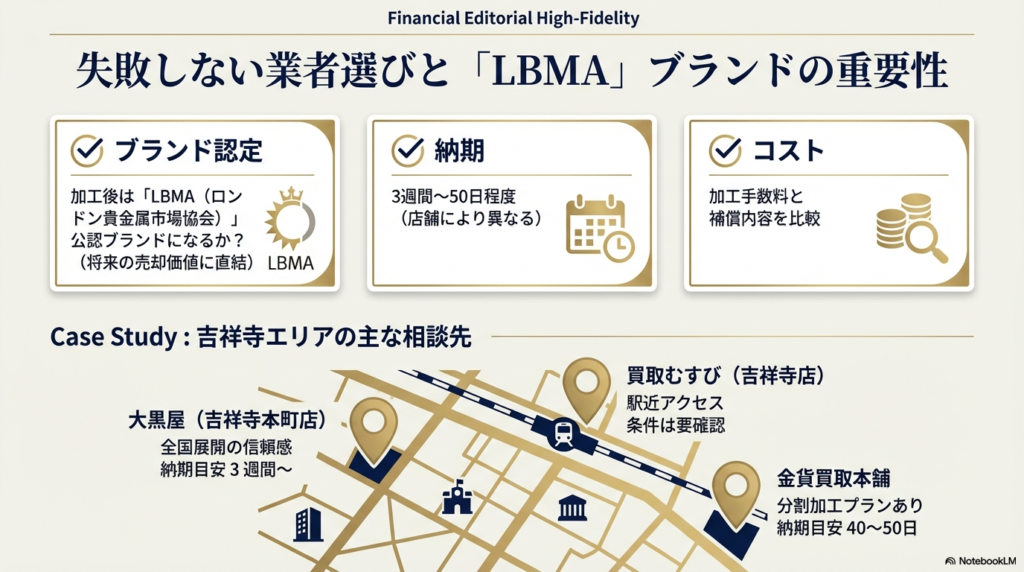 LBMA認定ブランドの重要性、納期（3週間〜50日）、コストの比較ポイントと、吉祥寺エリアの大黒屋、買取むすび、金貨買取本舗の場所を示した地図。