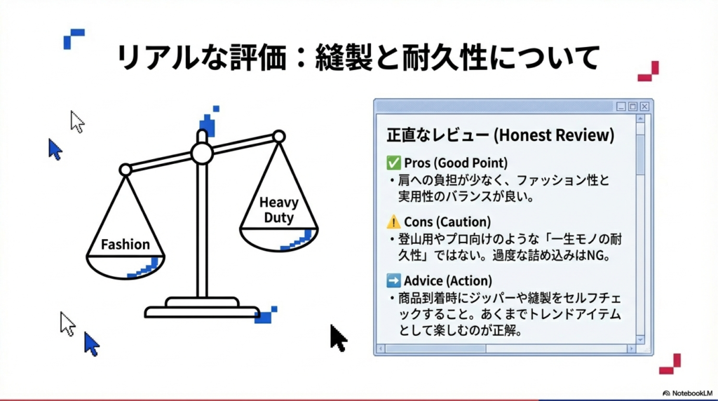 「Fashion」と「Heavy Duty」を天秤にかけたイラスト。実用性の高さ（メリット）と、登山用のような一生モノの耐久性ではない点（デメリット）を比較し、セルフチェックを推奨するアドバイスが書かれている。