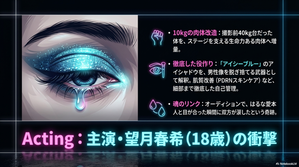 主演・望月春希の役作り解説。撮影前の40kg台から10kg増量した肉体改造や、アイシーブルーのアイシャドウ、オーディションでの「魂のリンク」というエピソードを紹介 。