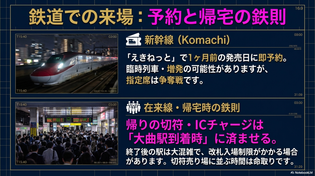 秋田新幹線こまちの「えきねっと」予約と、大曲駅到着時に帰りの切符購入やICチャージを済ませる重要性を説くスライド 。
