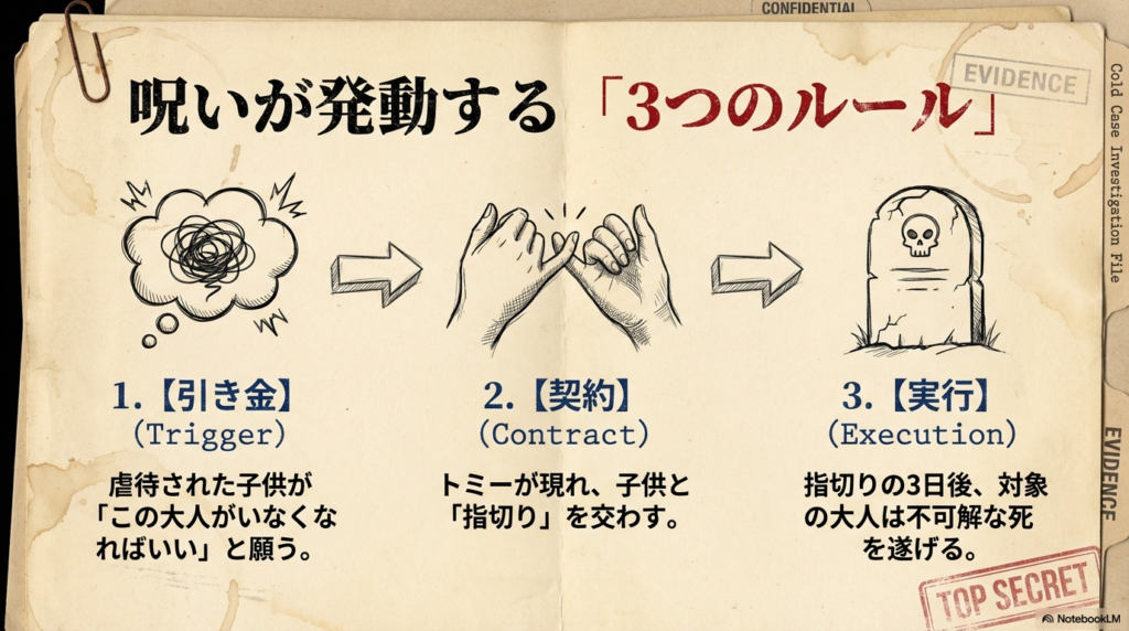 虐待された子供の願い、指切りによる契約、3日後の実行という呪いのプロセスを解説する図解。