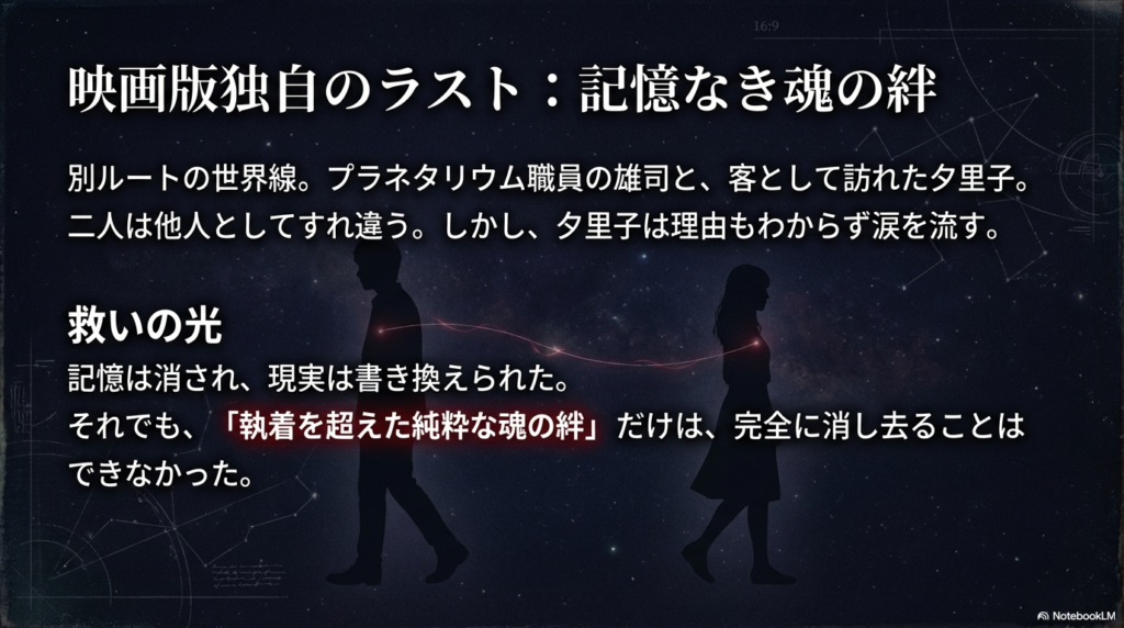 別ルートの世界線で他人としてすれ違う雄司と夕里子、そして記憶を超えて消し去ることのできない「魂の絆」について描いたスライド。