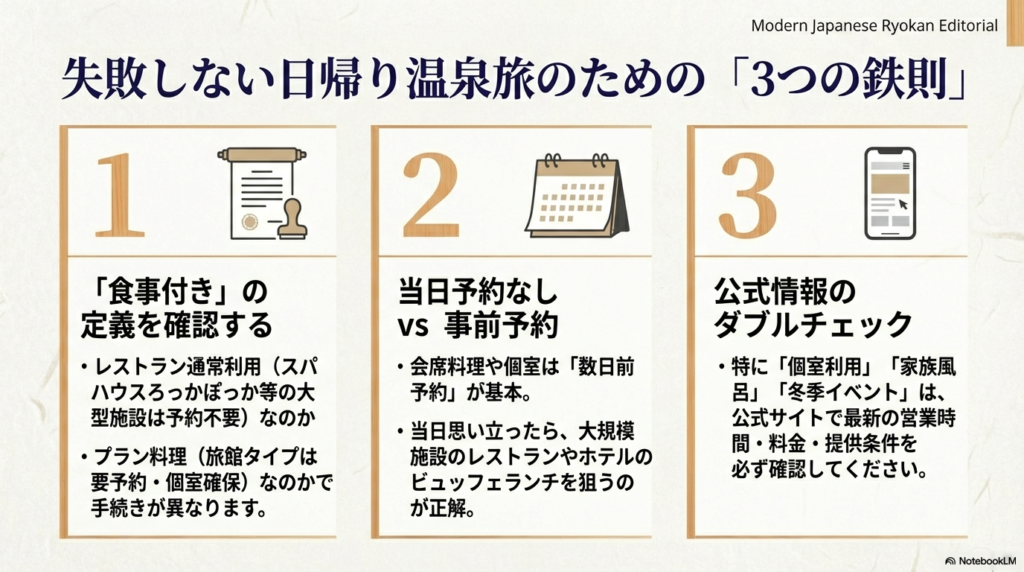 1.「食事付き」の定義を確認、2.当日予約なしvs事前予約の使い分け、3.公式情報のダブルチェックを解説する、旅のポイントをまとめたスライド。
