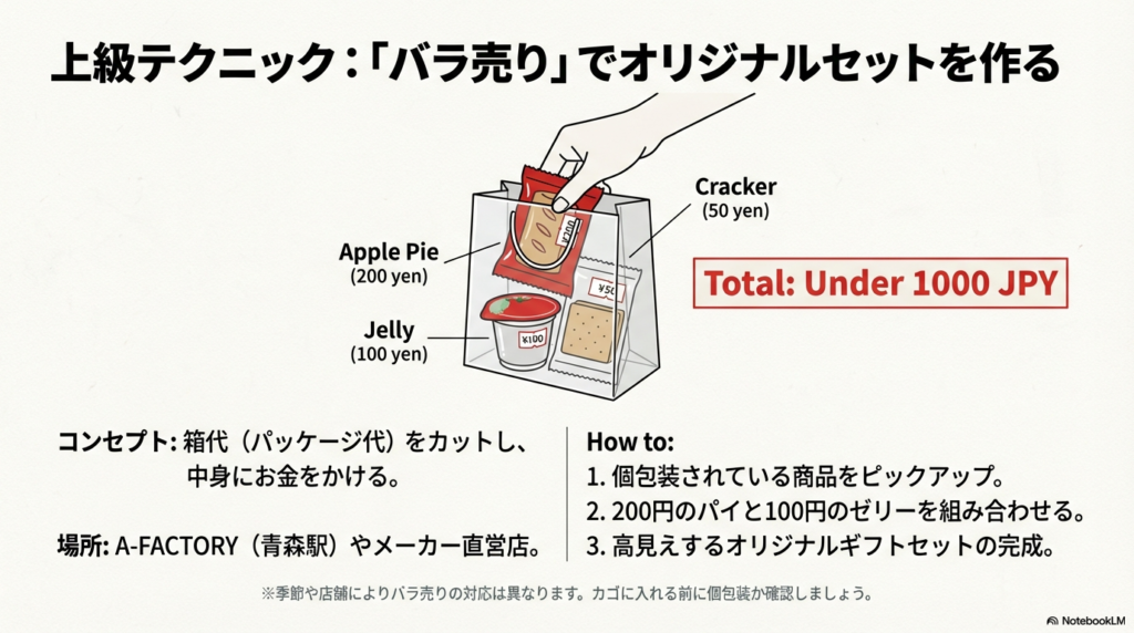 アップルパイ、ゼリー、クラッカーをバラで購入し、1,000円以下で高見えするセットを作る手順のイラスト。