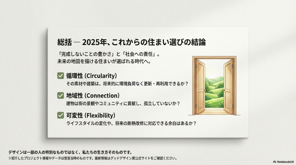 美しい風景に向かって開かれた扉のイラストと、住まい選びの3つの基準（循環性、地域性、可変性）をまとめたリスト。