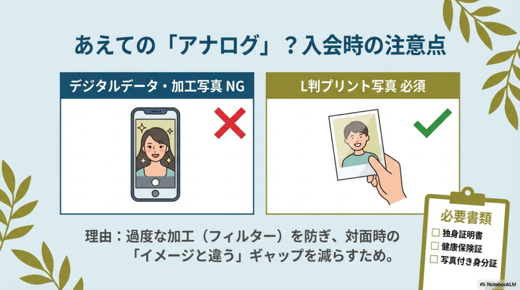 加工写真NG、L判プリント写真必須というアナログなルールの解説。独身証明書、健康保険証、身分証といった必要書類のチェックリスト 。