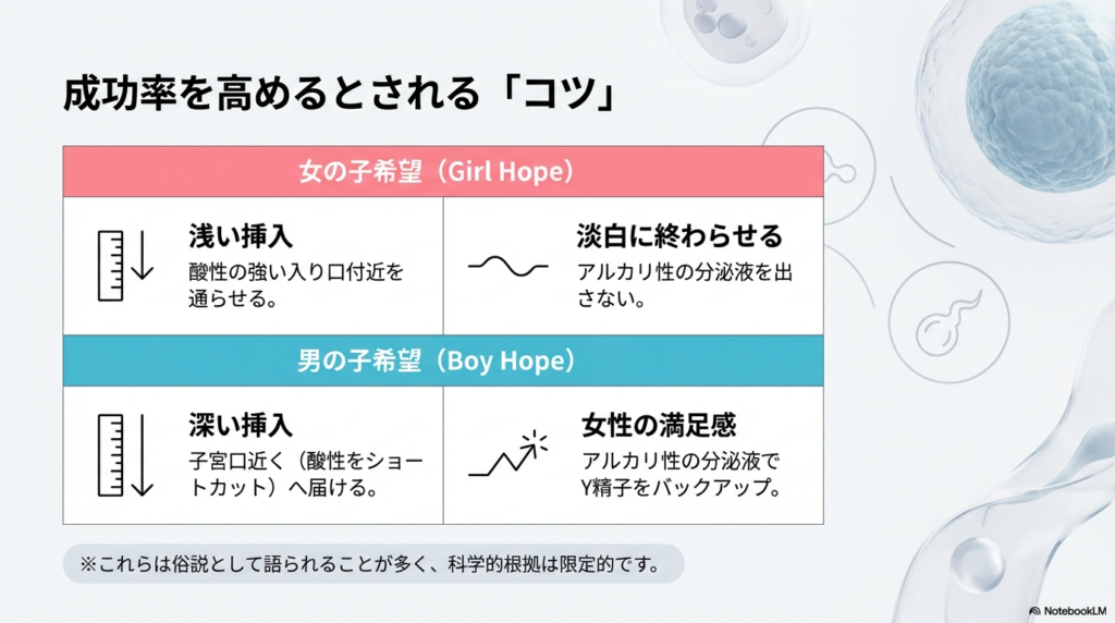 女の子希望は「浅い挿入・淡白に」、男の子希望は「深い挿入・女性の満足感」といった、一般的に語られる工夫を比較した表。