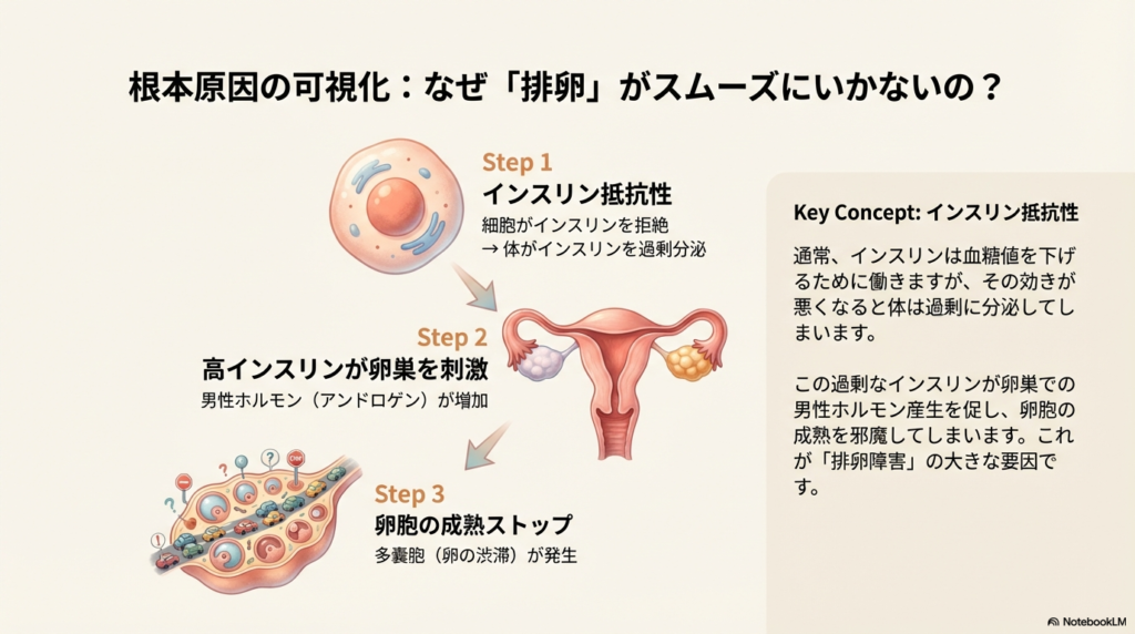 インスリン抵抗性によって男性ホルモンが増加し、卵胞の成熟が止まって卵巣内で渋滞(多嚢胞)が起きる仕組みを図解したスライド。