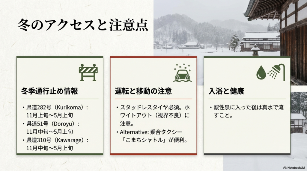 栗駒・泥湯・川原毛各方面の冬季通行止め期間（11月〜5月頃）と、スタッドレスタイヤ必須、乗合タクシー「こまちシャトル」の利用推奨について 。