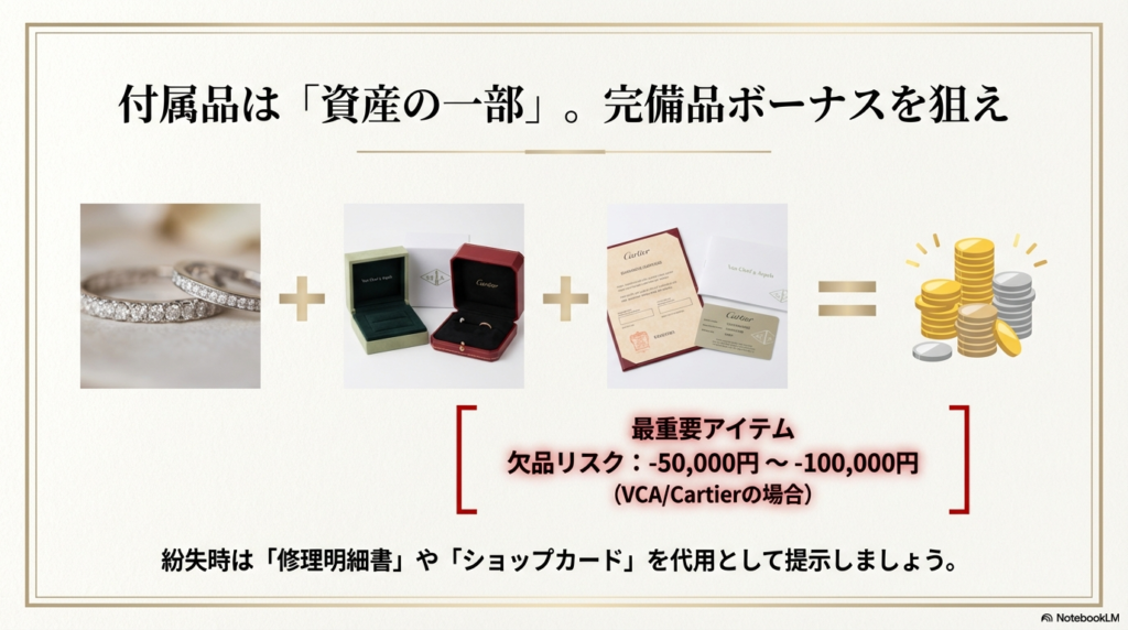 保証書などの付属品が「資産の一部」であることや、欠品時の具体的な減額幅(5万〜10万円)を説明するスライド 。