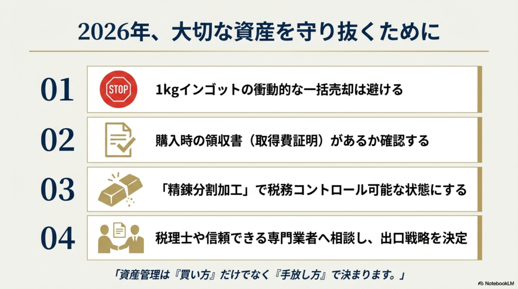 1.衝動的な一括売却を避ける、2.領収書の有無を確認、3.精錬分割加工で管理、4.専門家へ相談、という4つの出口戦略をまとめたスライド。