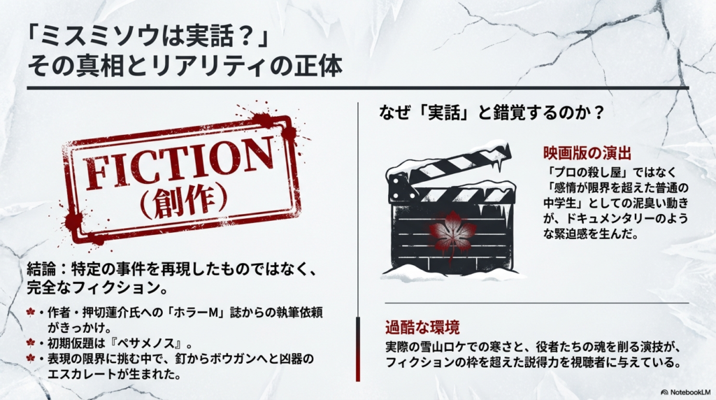 カチンコのイラストとともに、本作が特定の事件を再現したものではなく完全なフィクションであること、なぜ実話と錯覚するのかを解説したスライド。