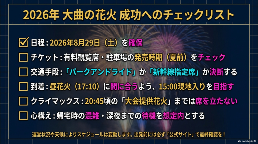日程、チケット、交通手段、到着時間、心構えなど、2026年の大曲の花火を成功させるための最終確認リスト 。
