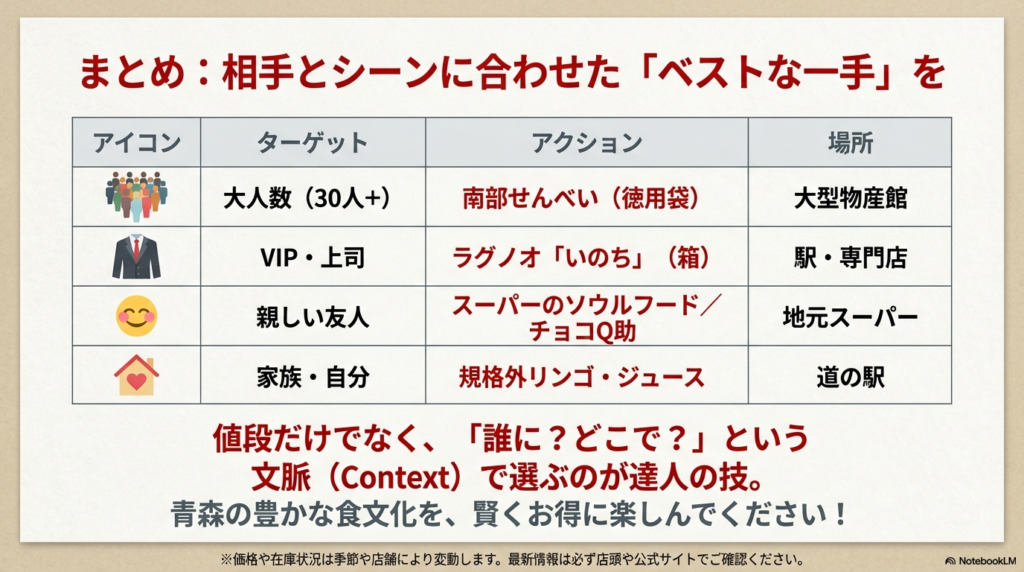 大人数、VIP、友人、家族など、贈る相手に合わせた商品、アクション、購入場所を網羅したまとめ表。