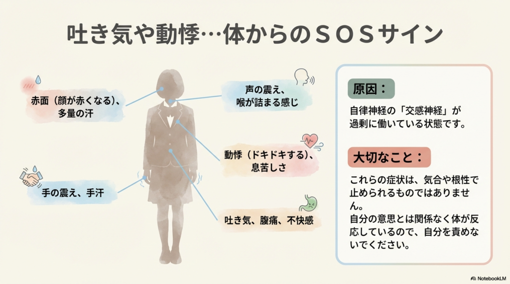 赤面、手汗、声の震え、動悸、吐き気など、あがり症に伴う様々な身体症状のリスト。これらは交感神経が過剰に働いている状態であり、自分の意思や根性で止められるものではないことを伝えています。