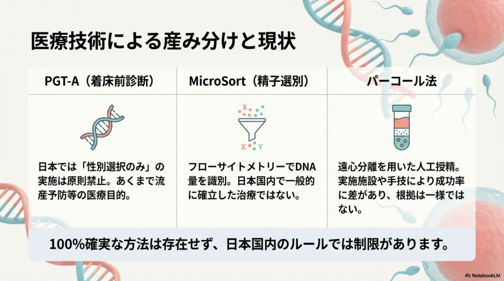 PGT-A（着床前診断）、MicroSort（精子選別）、パーコール法の概要。日本国内での規制や、100%確実な方法は存在しないという注意書き。