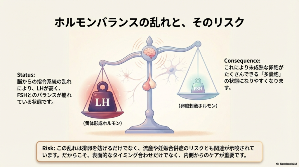 天秤の左側に重い「LH(黄体形成ホルモン)」、右側に軽い「FSH(卵胞刺激ホルモン)」が載り、バランスが崩れている様子を描いたイラスト。
