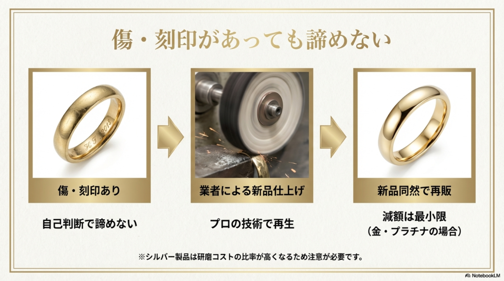 傷や刻印があっても、業者による新品仕上げによって減額を最小限に抑えられることを解説するスライド 。